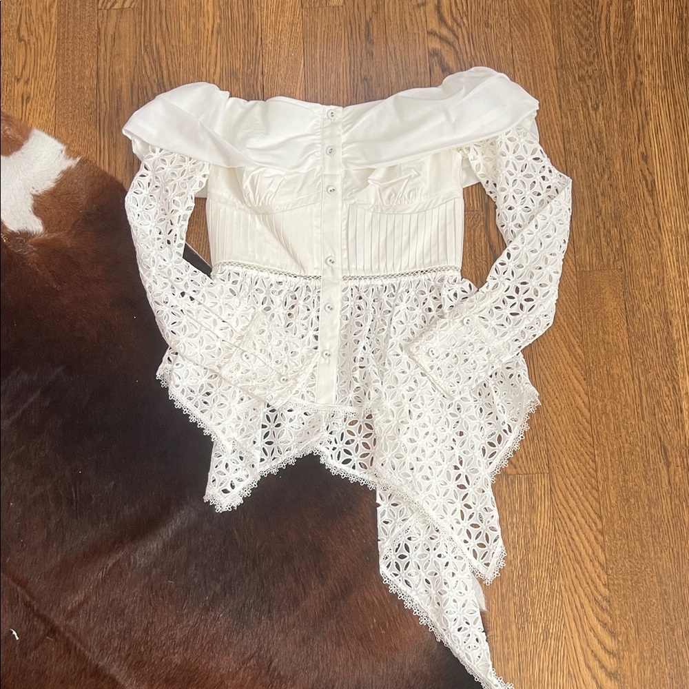 Self-Portrait White Off-Shoulder Lace Handkerchief Hem Top